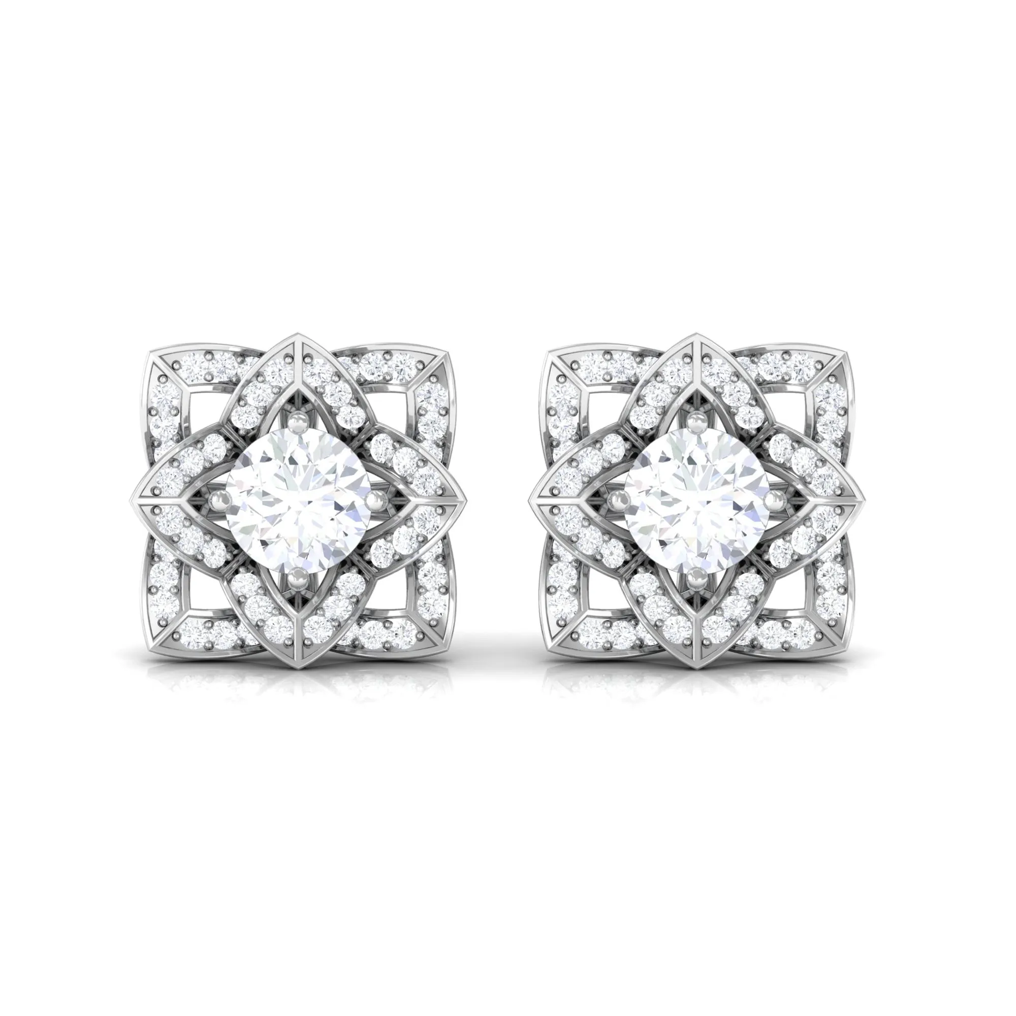 Flower Stud Earrings with Round Shape Diamond