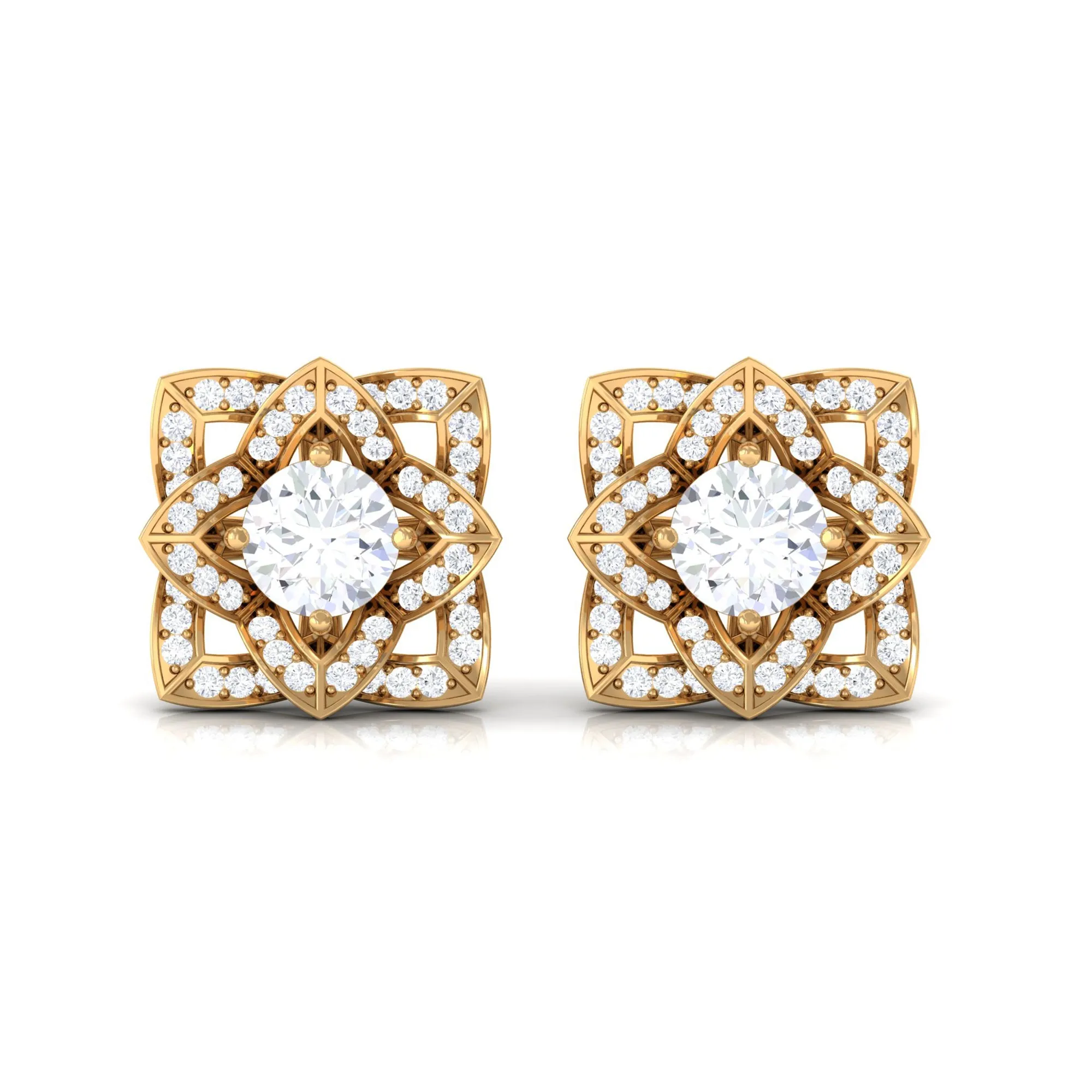 Flower Stud Earrings with Round Shape Diamond