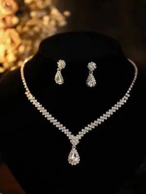 Full Cubic Zirconia Water-drop Pendant Necklace And Earrings Set Jewelry Set