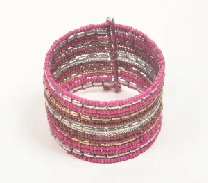 Fuschia Glass Beaded Stacked Cuff Bracelet