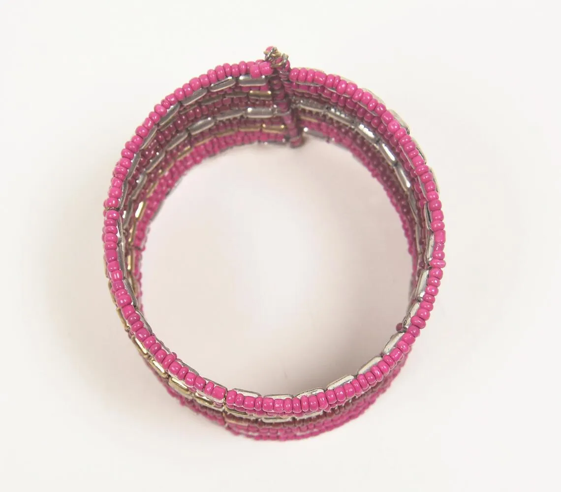 Fuschia Glass Beaded Stacked Cuff Bracelet