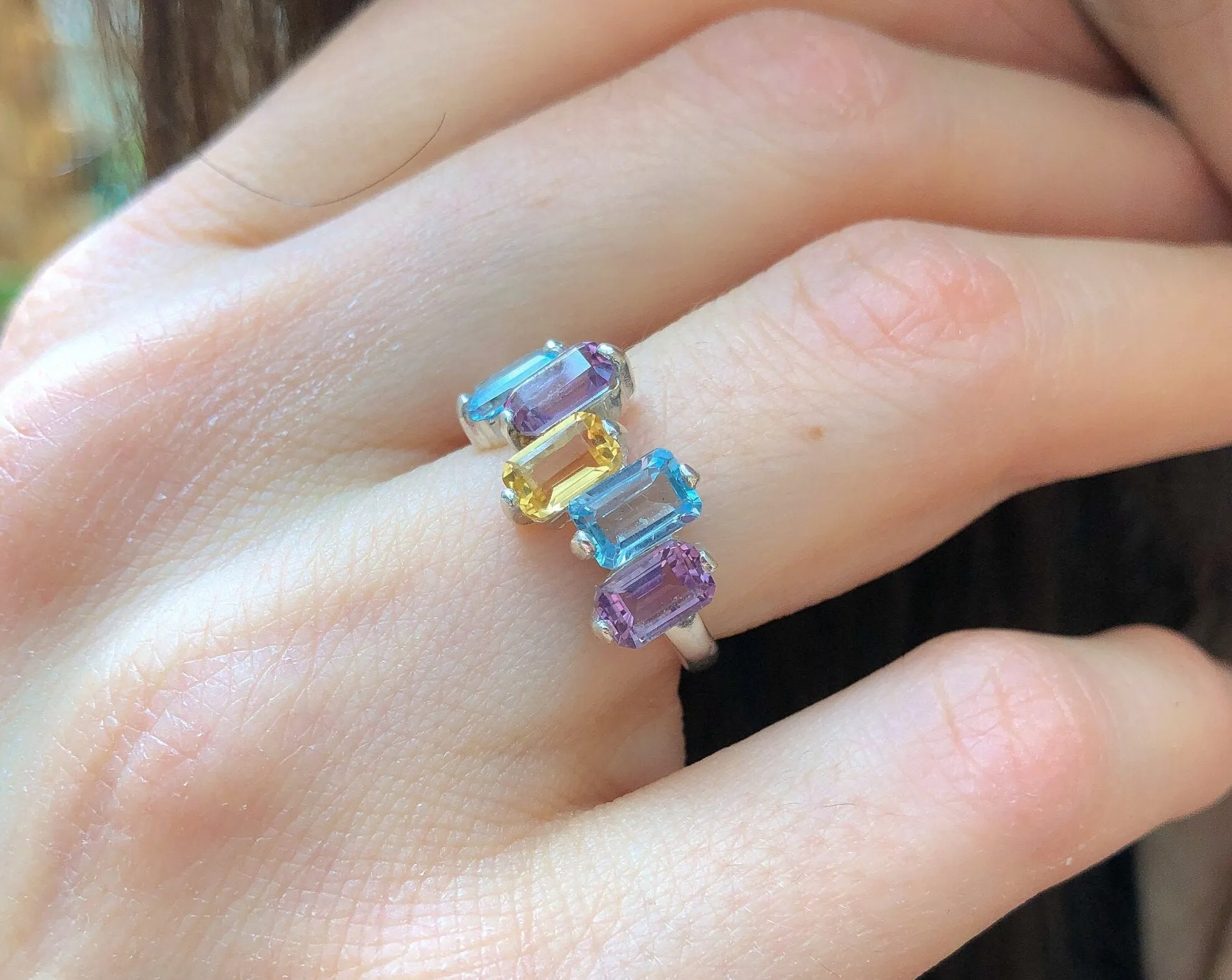 Genuine Topaz Ring - Amethyst Citrine Blue Topaz Ring - Colorful Baguette Band