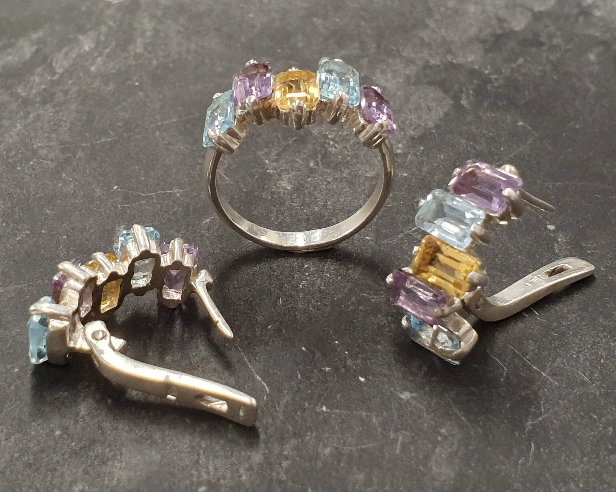 Genuine Topaz Ring - Amethyst Citrine Blue Topaz Ring - Colorful Baguette Band