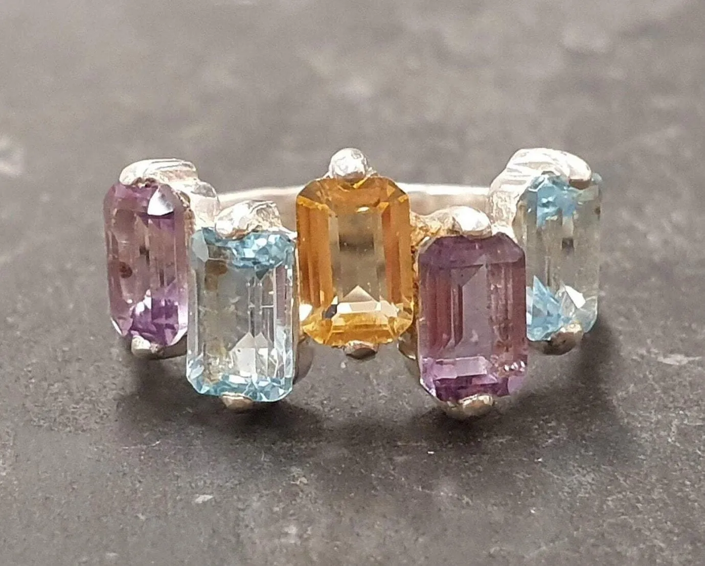 Genuine Topaz Ring - Amethyst Citrine Blue Topaz Ring - Colorful Baguette Band