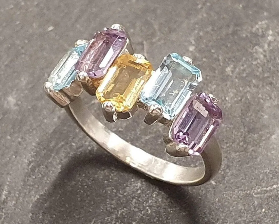 Genuine Topaz Ring - Amethyst Citrine Blue Topaz Ring - Colorful Baguette Band