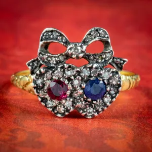 Georgian Style Ruby Sapphire Diamond Heart Ring