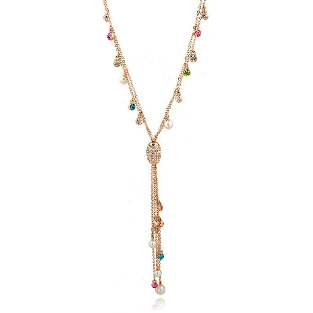 Gold Chain Lariat with Multi Colored Crystals and Tassel