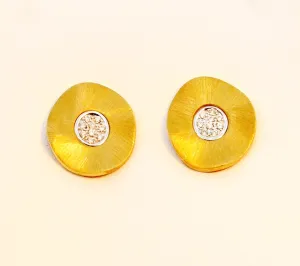 Gold Round Post Earrings with Diamond Pave Center