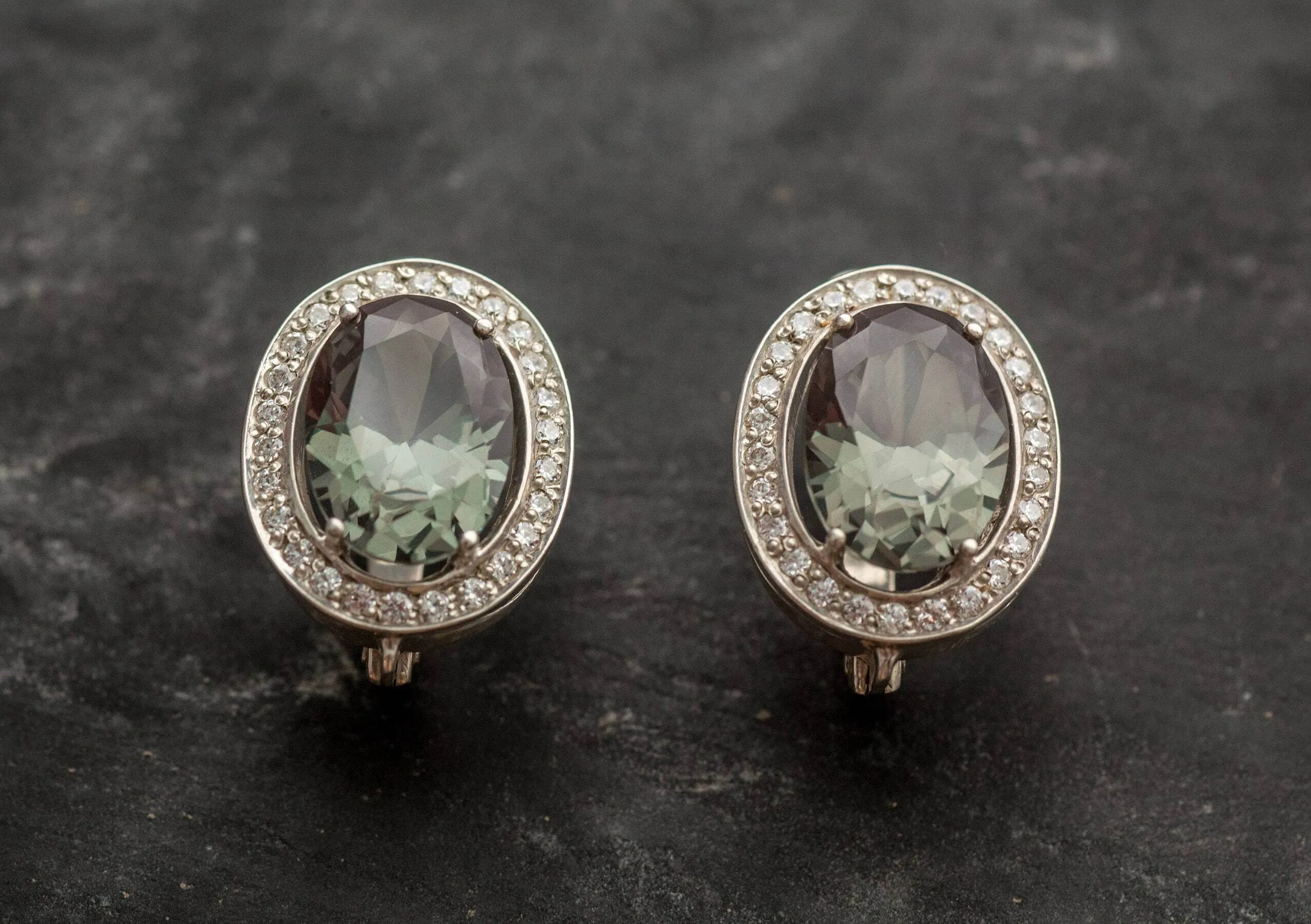 Green Diamond Earrings - Vintage Oval Earrings - Statement Heavy Earrings