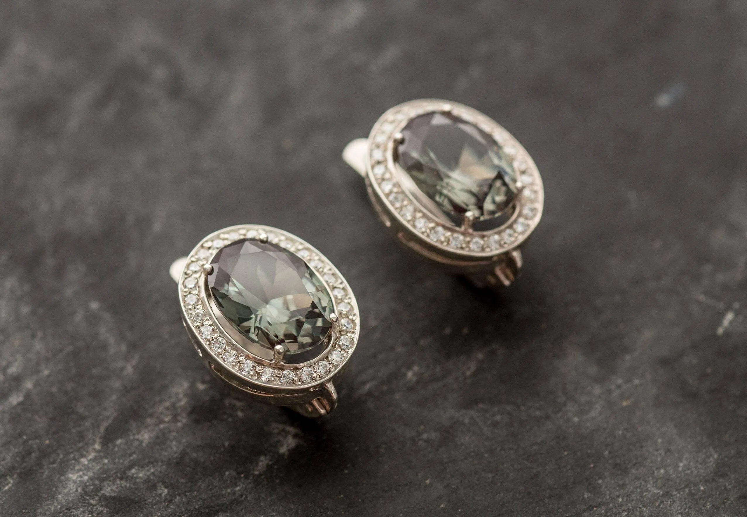 Green Diamond Earrings - Vintage Oval Earrings - Statement Heavy Earrings