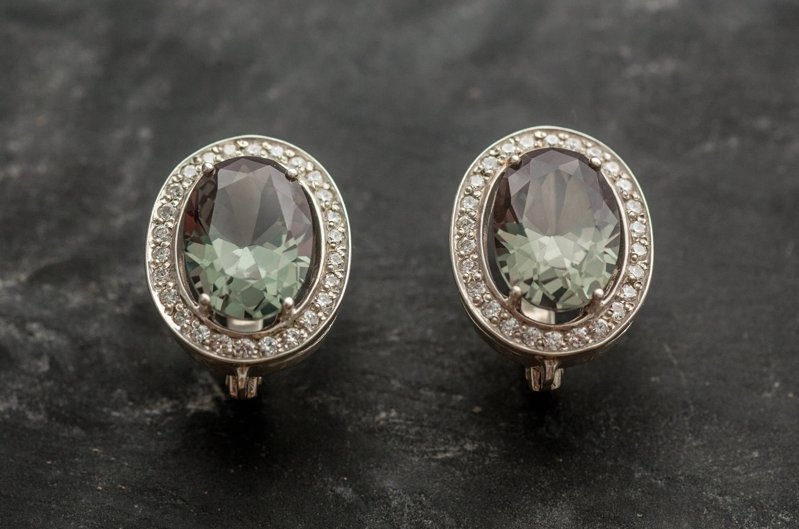 Green Diamond Earrings - Vintage Oval Earrings - Statement Heavy Earrings