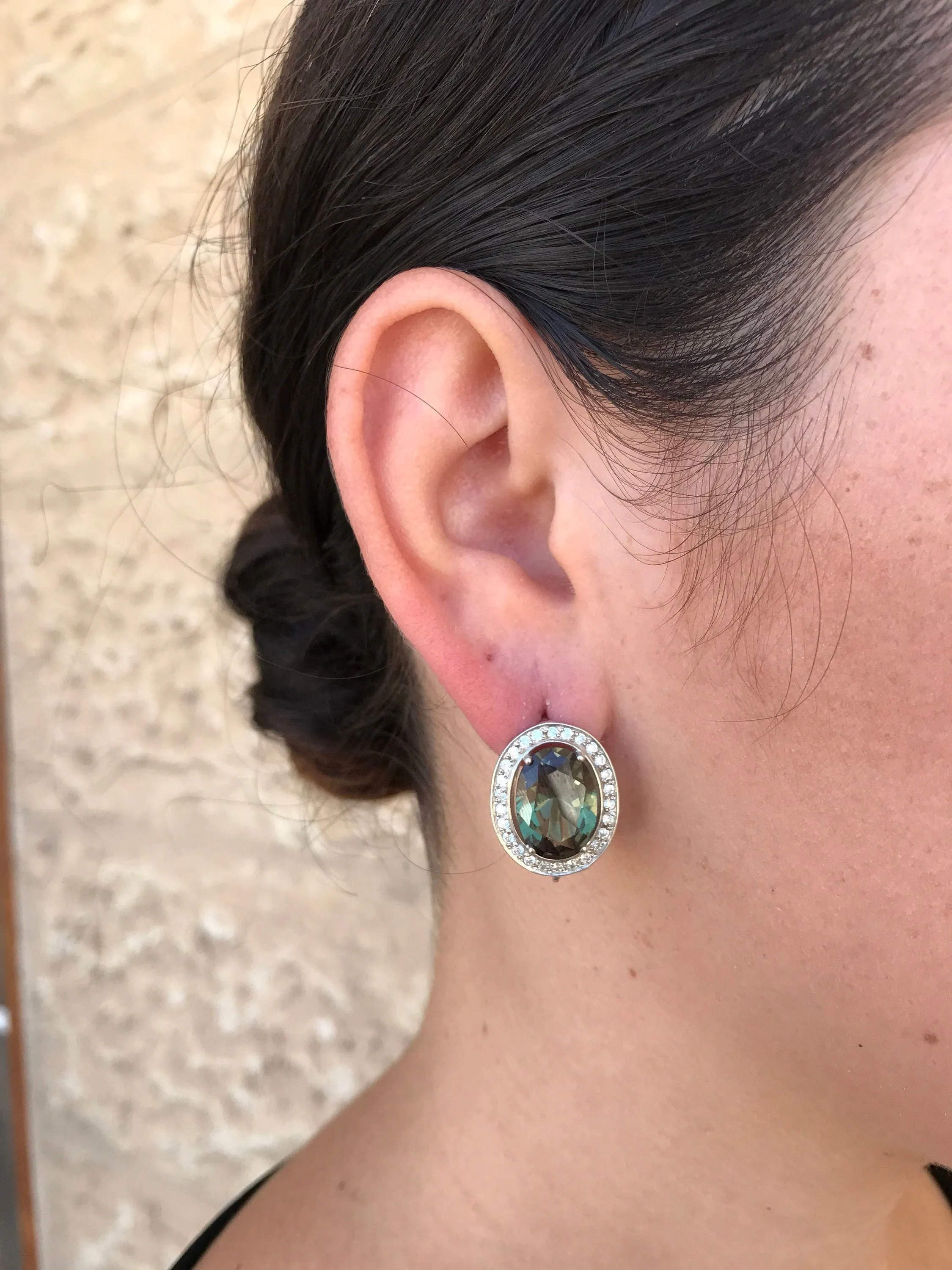 Green Diamond Earrings - Vintage Oval Earrings - Statement Heavy Earrings