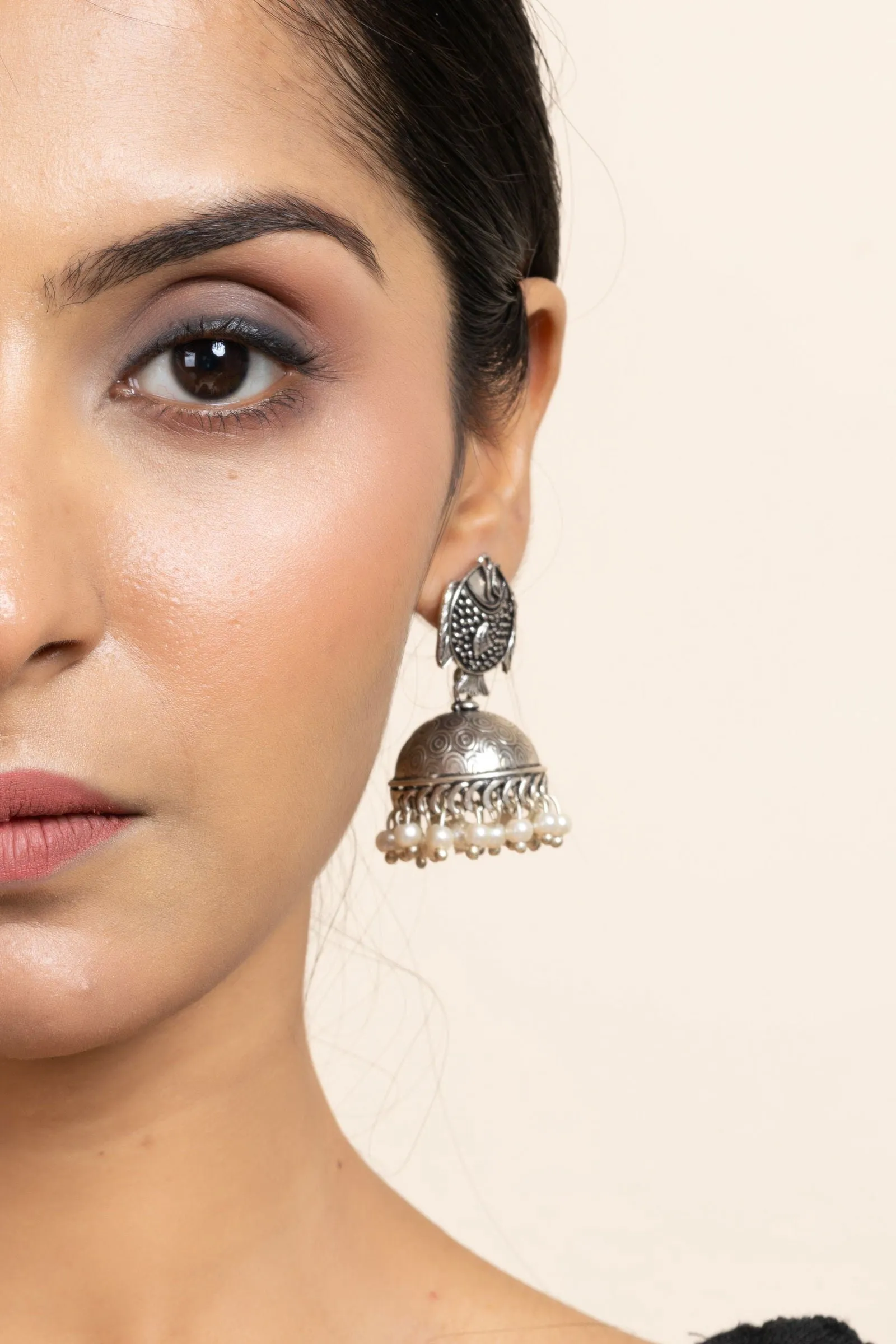 Handmade German Silver Fish Stud Jhumka Earrings with Faux Pearl & Oxidized Finish