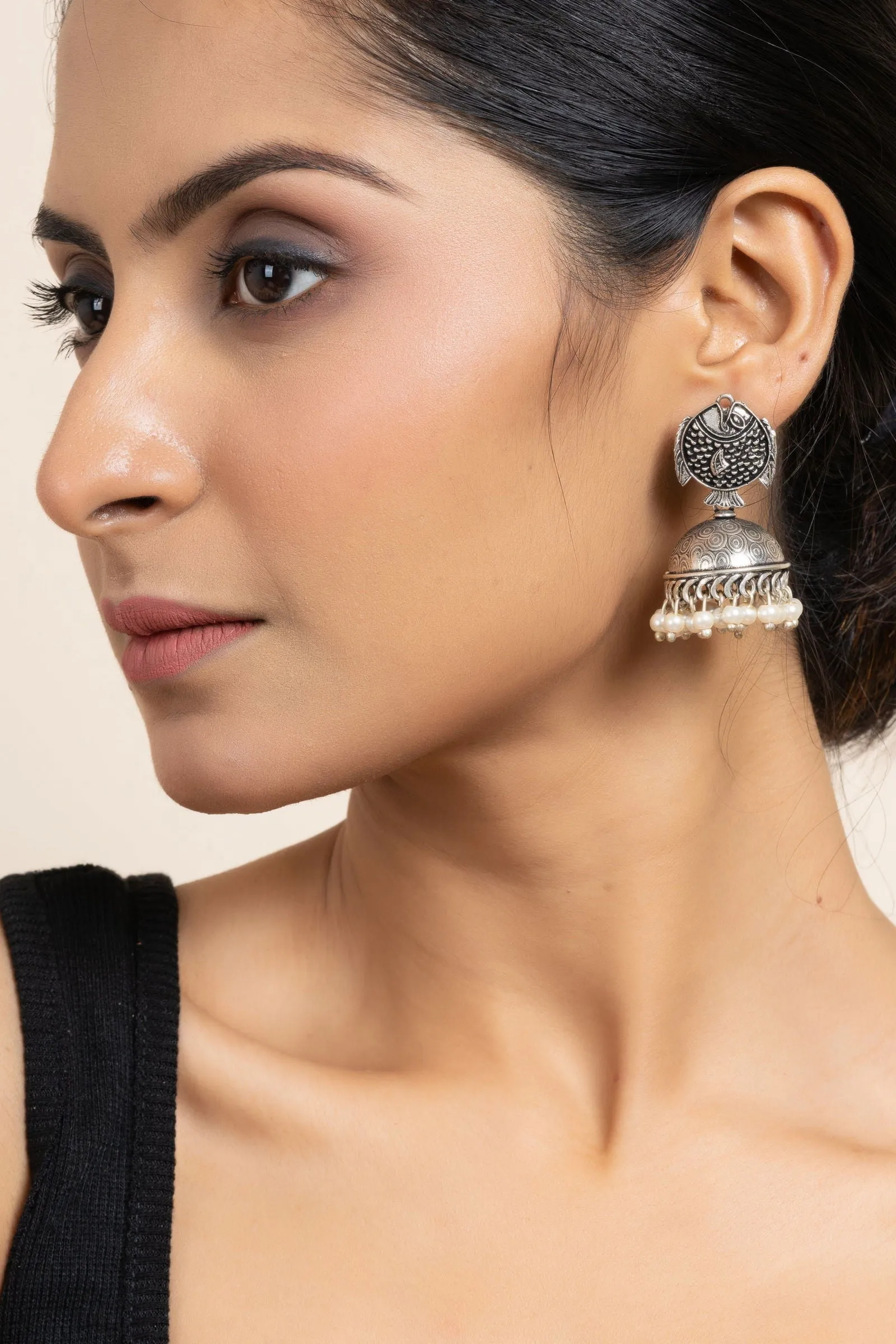 Handmade German Silver Fish Stud Jhumka Earrings with Faux Pearl & Oxidized Finish