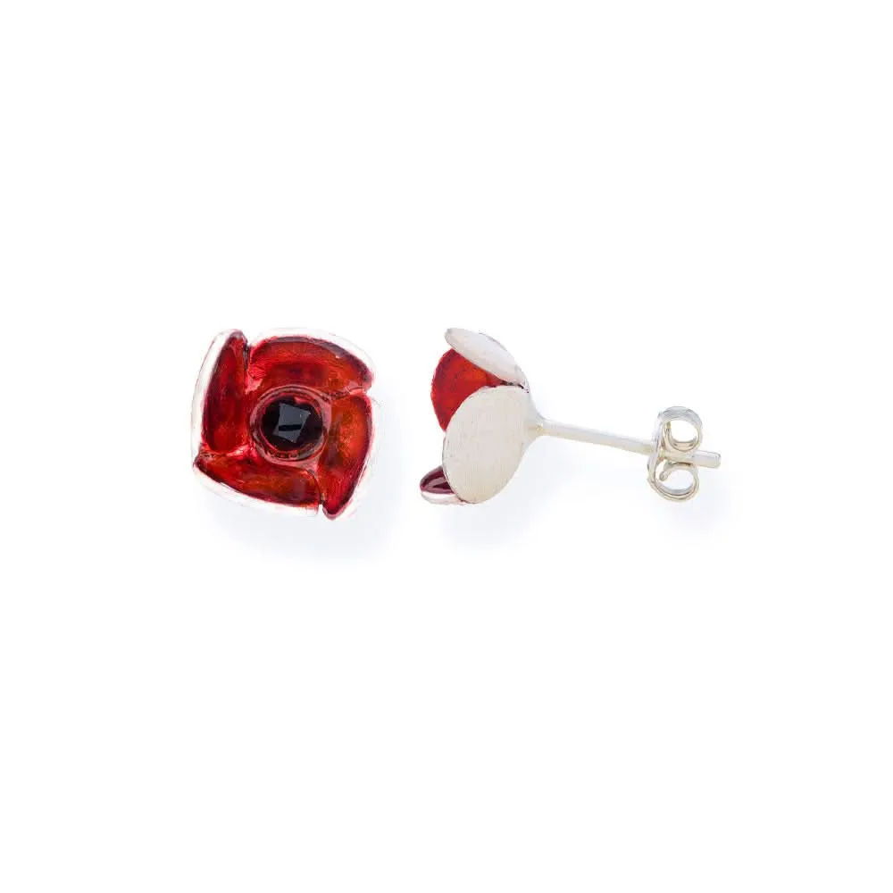 Handmade Silver Little Red Flower Stud Earrings