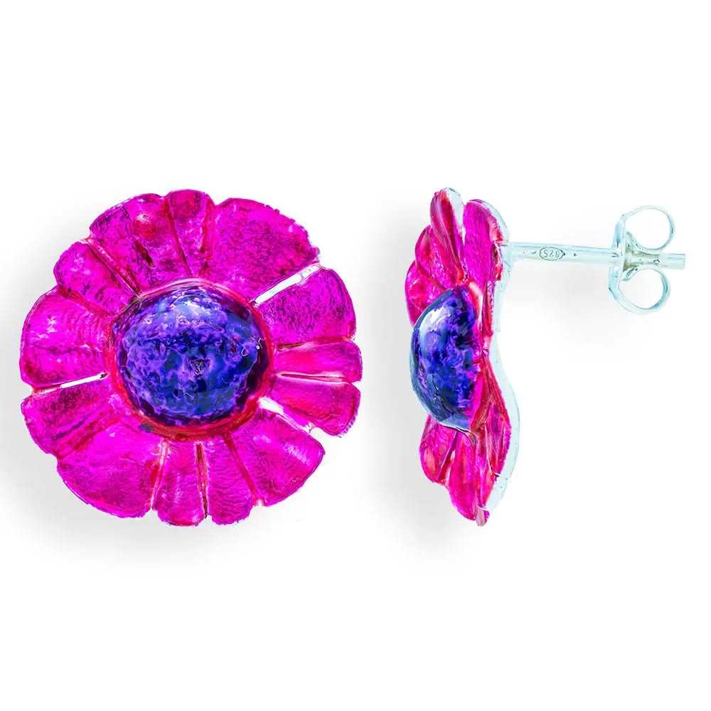 Handmade Silver Purple Fuchsia Daisy Flower Stud Earrings