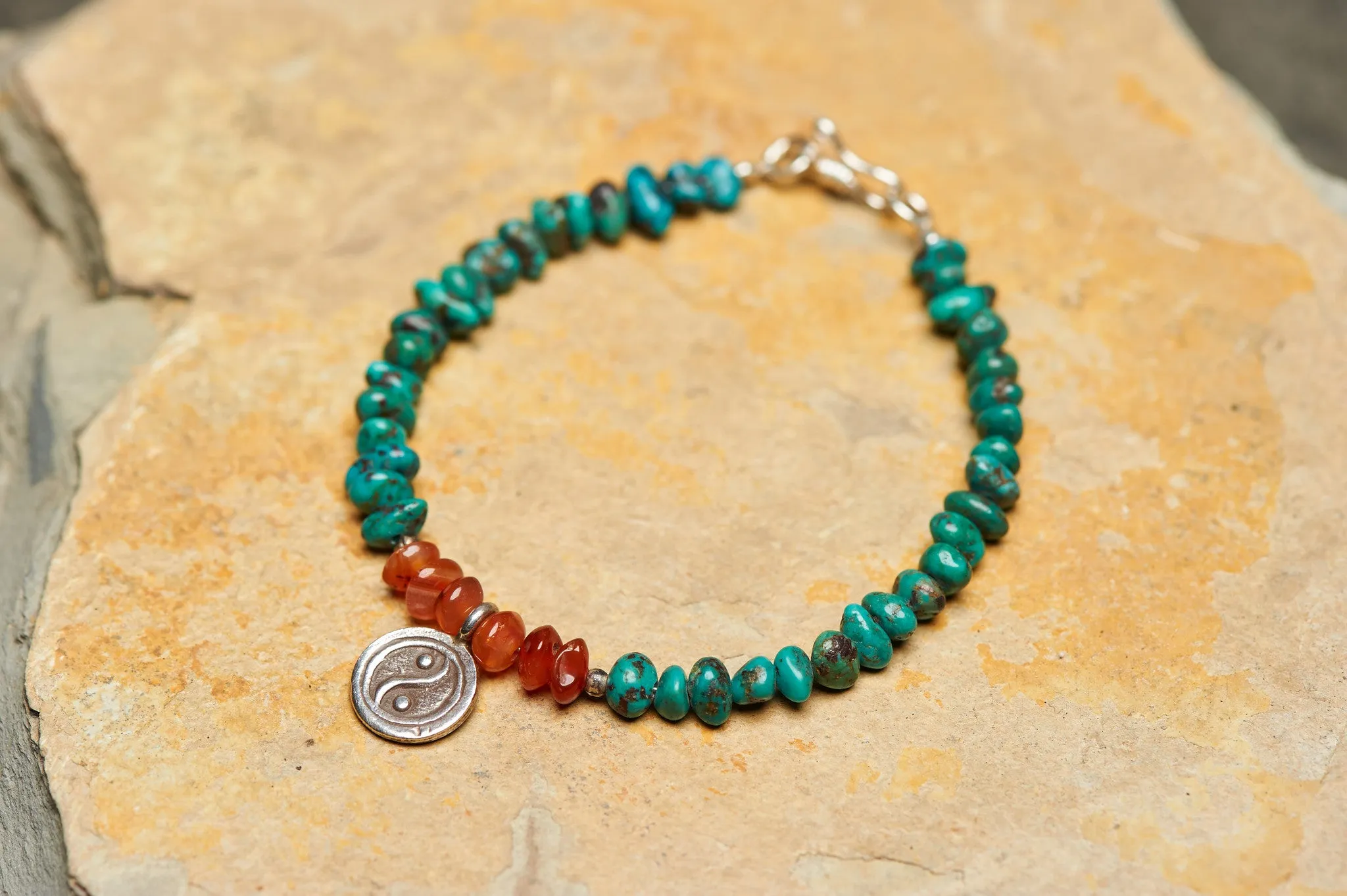 Handmade Tibetan Turquoise & Carnelian Stones Bracelet with Silver "YingYang" Charm