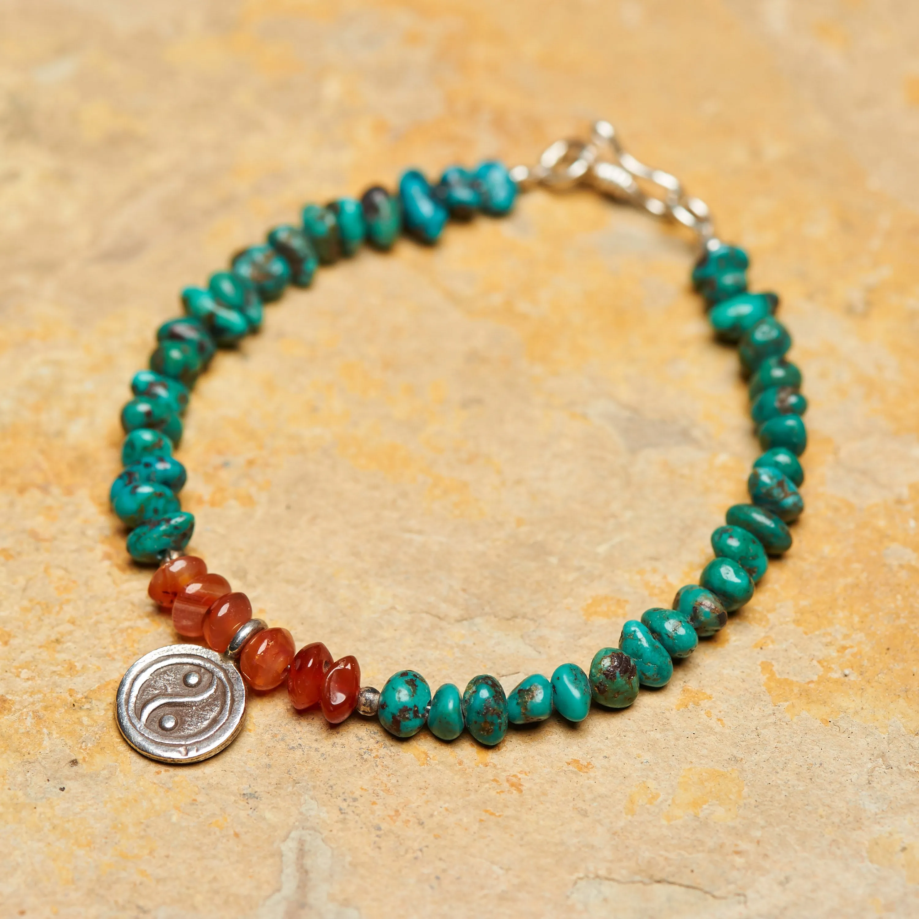 Handmade Tibetan Turquoise & Carnelian Stones Bracelet with Silver "YingYang" Charm