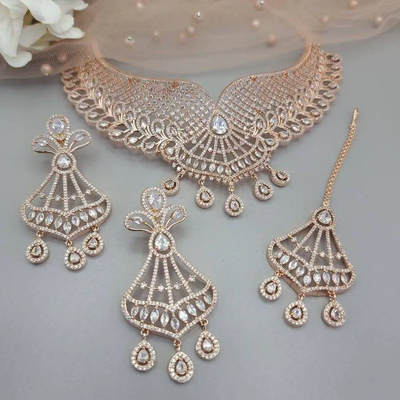 Harleen Rose Gold CZ Choker Necklace set