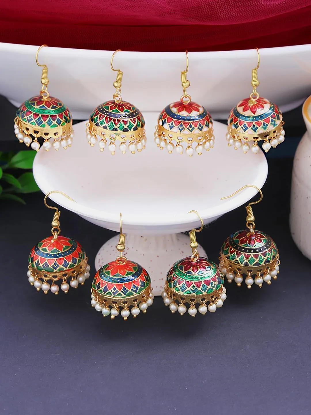 Kairangi Meenakari Jhumka Earrings for Women Combo of 4 Pairs Handcrafted Jaipur Rajasthani Style Traditional Jhumka/Jhumki Earrings for Women and Girls