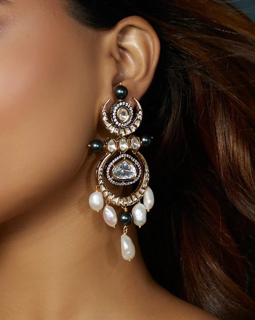 Kundan Polki Pearl Chandelier Earrings