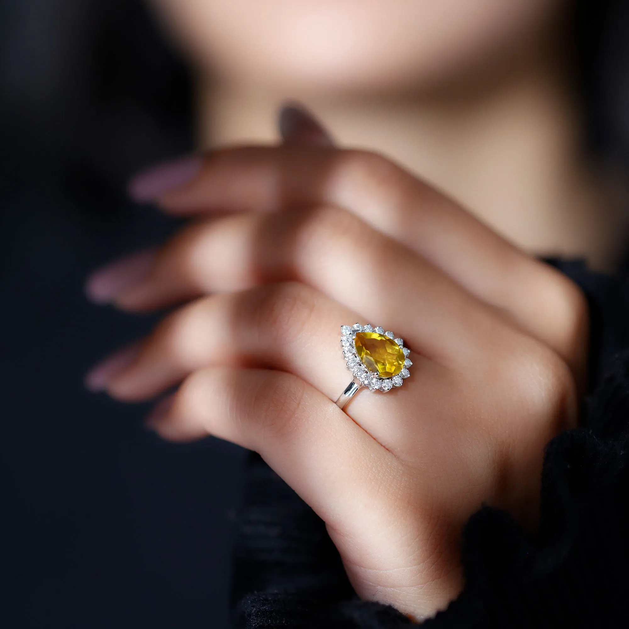 Lab-Created Yellow Sapphire Engagement Ring with Diamond Halo