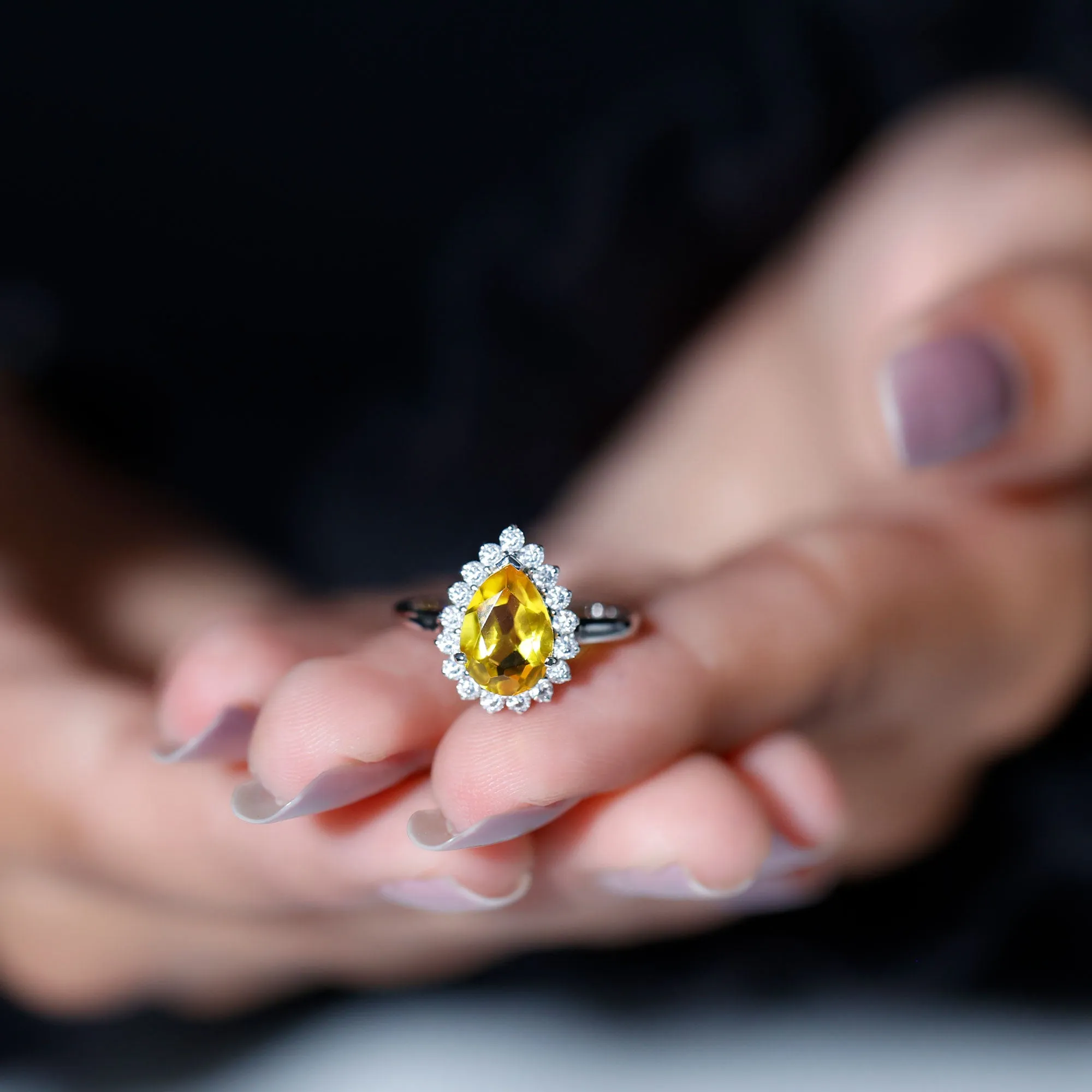 Lab-Created Yellow Sapphire Engagement Ring with Diamond Halo