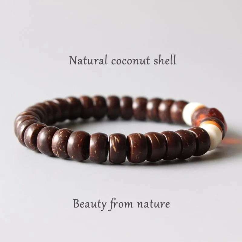 Lampwork &amp Natural Coconut Shell Beaded Stretch Bracelet