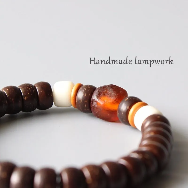 Lampwork &amp Natural Coconut Shell Beaded Stretch Bracelet