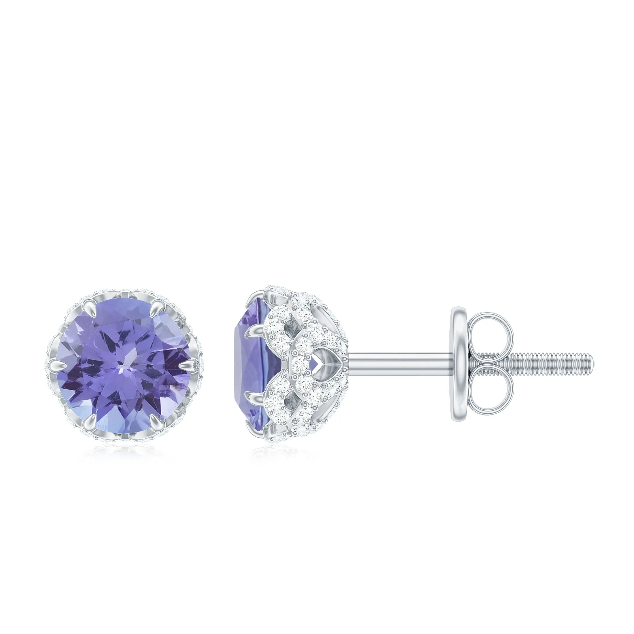 Lotus Basket Set Tanzanite Solitaire Stud Earrings with Diamond Accent