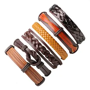 Marshal 6 PCS Leather Wrap Brown Bracelets for Men, Multi Layered Handmade Braided Bracelet Set for Men Leather Wooden Wrap Cuff Bracelet Adjustable Punk Tree of Life Mens Bracelet