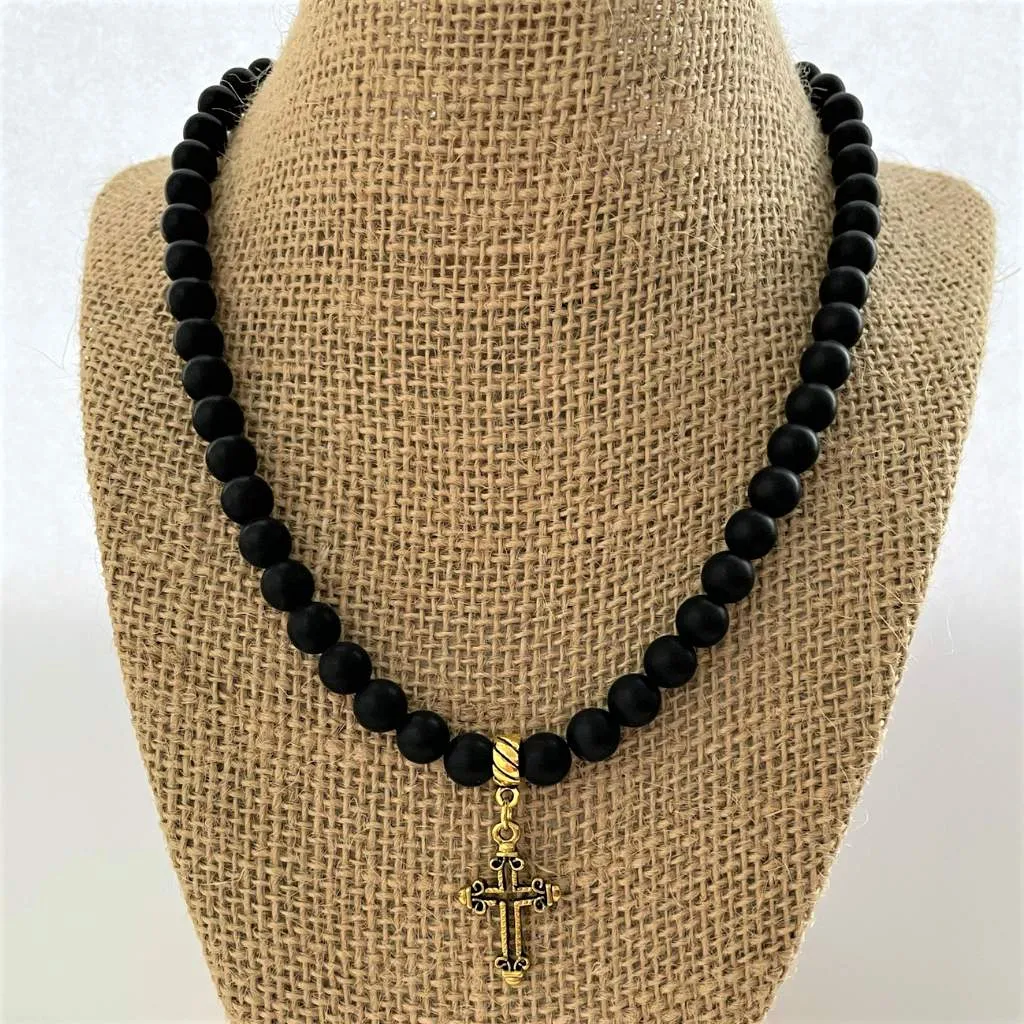 Matte Black Onyx Mens Beaded Necklace with Gold Cross