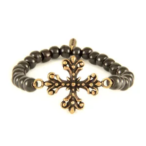 Mens Black Agate Beaded Elastic Bracelet with Brass Flower Cross Charm