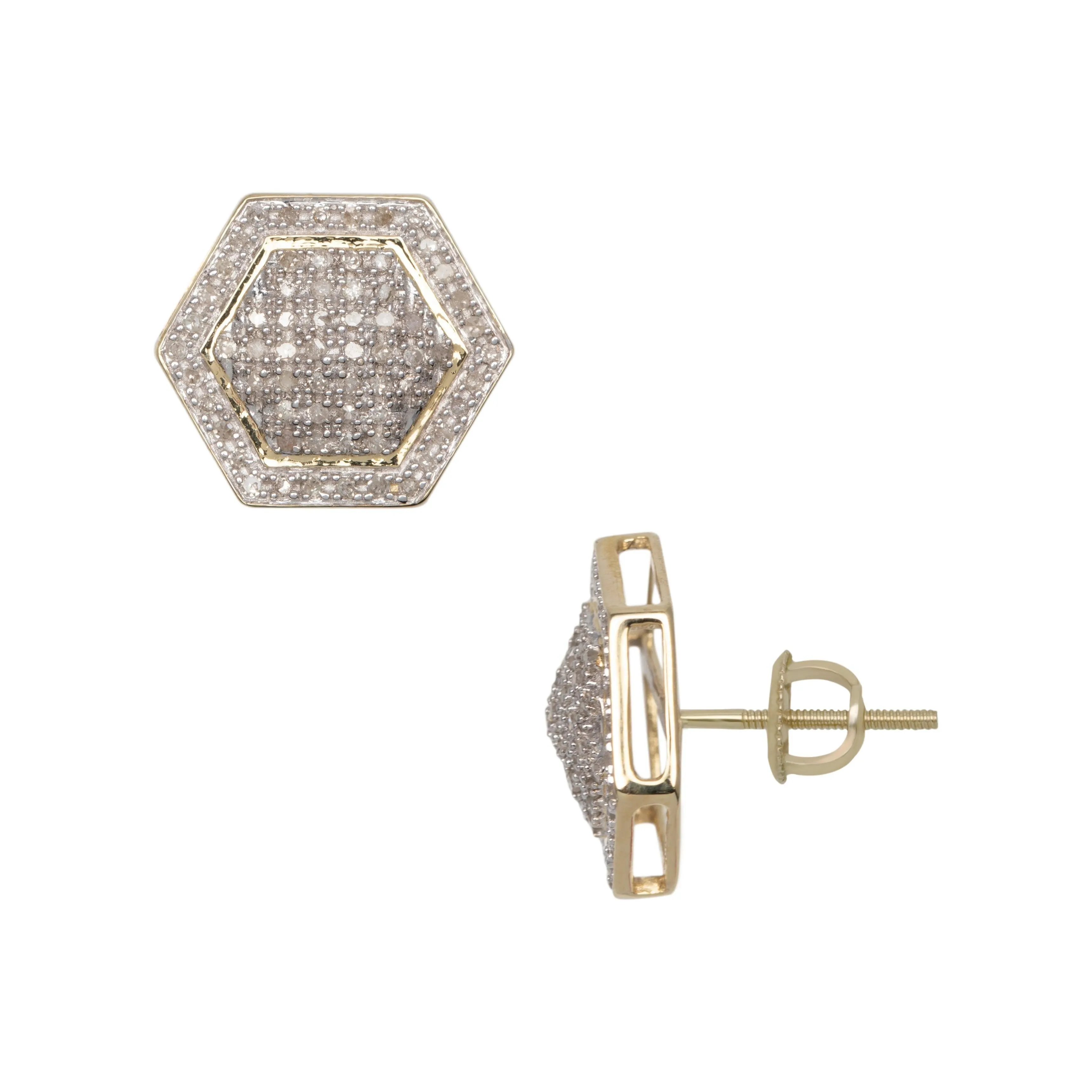 Men's Halo Micro-Pavé Hexagonal Diamond Stud Earrings 0.53ct 10K Yellow Gold