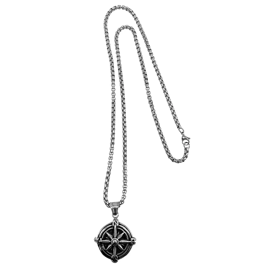 Men's Tarnish Resistant Rhodium Plated Compass Chain Necklace