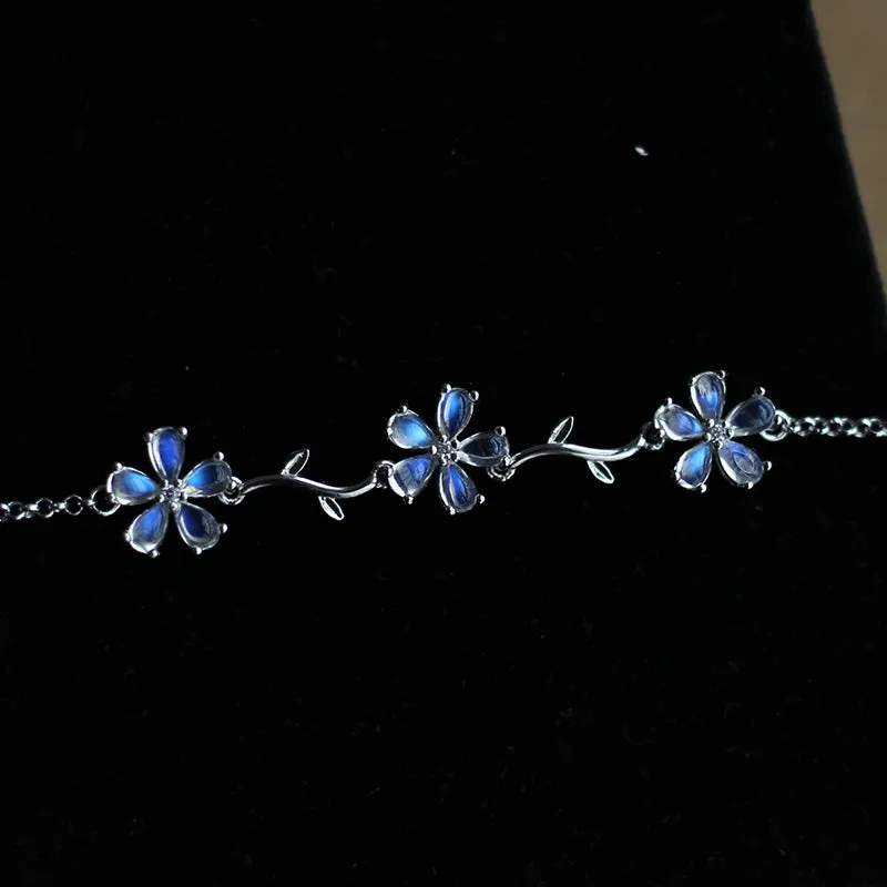 Moonstone Flowers Sterling Silver Bracelet Handmade Gemstone Jewelry for Women