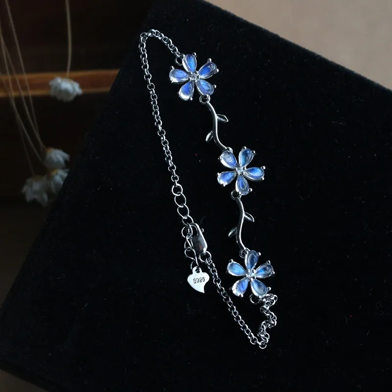 Moonstone Flowers Sterling Silver Bracelet Handmade Gemstone Jewelry for Women