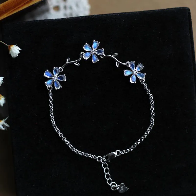 Moonstone Flowers Sterling Silver Bracelet Handmade Gemstone Jewelry for Women