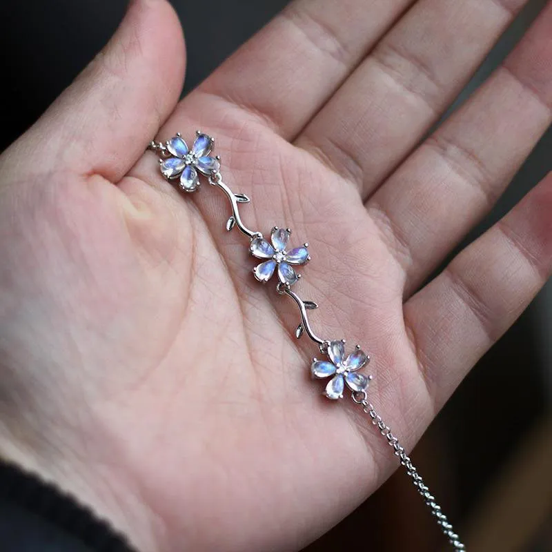 Moonstone Flowers Sterling Silver Bracelet Handmade Gemstone Jewelry for Women