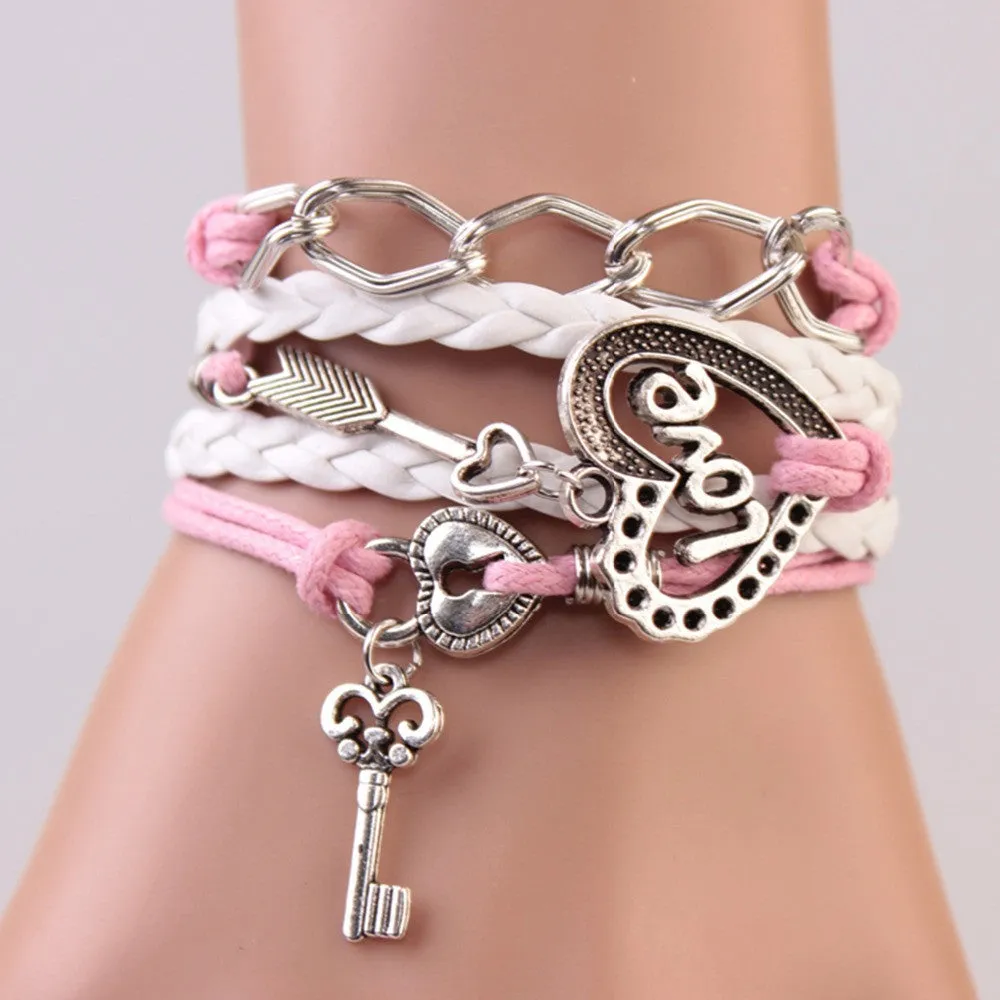 New handmade bracelet lock key  Cupid's Arrow Charms Infinity Bracelet white&pink leather Braclet. Best Couple Gift