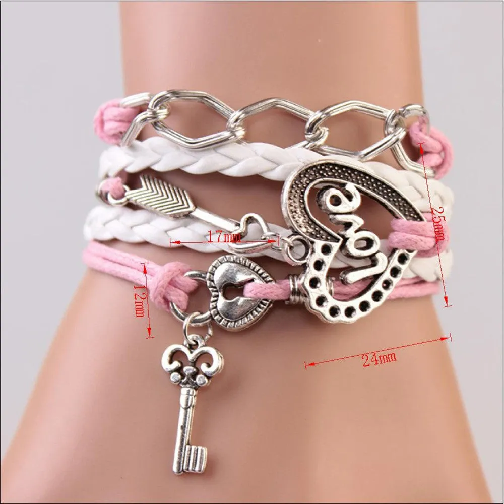 New handmade bracelet lock key  Cupid's Arrow Charms Infinity Bracelet white&pink leather Braclet. Best Couple Gift