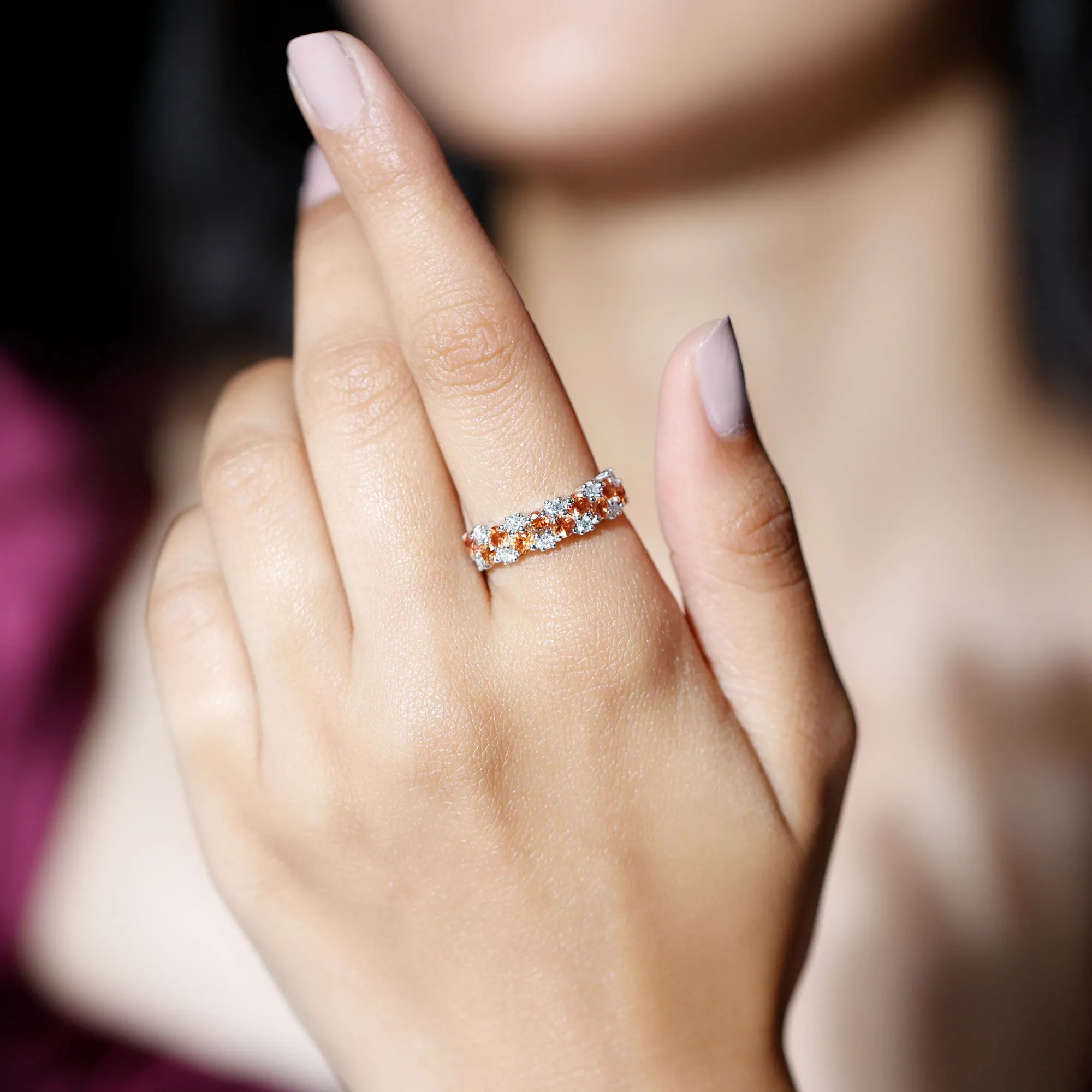 Orange Sapphire and Diamond Cluster Half Eternity Ring