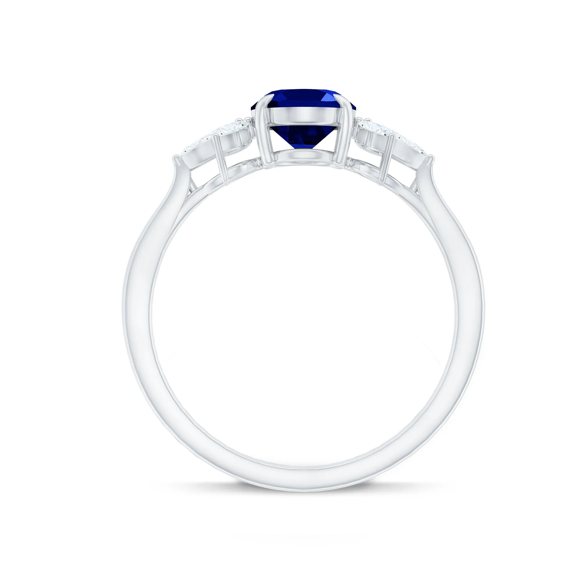 Oval Created Blue Sapphire Solitaire Ring with Diamond Trio