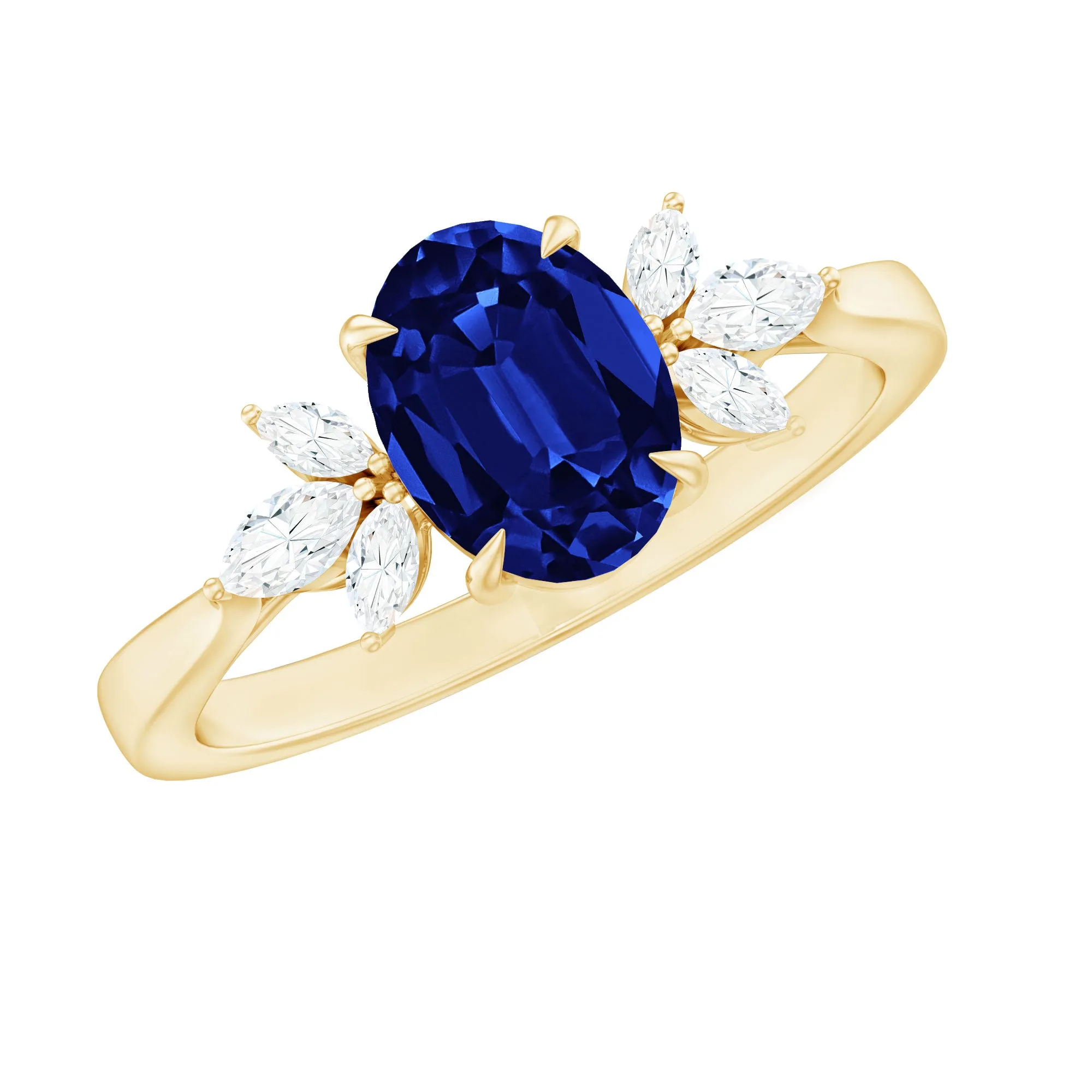 Oval Created Blue Sapphire Solitaire Ring with Diamond Trio