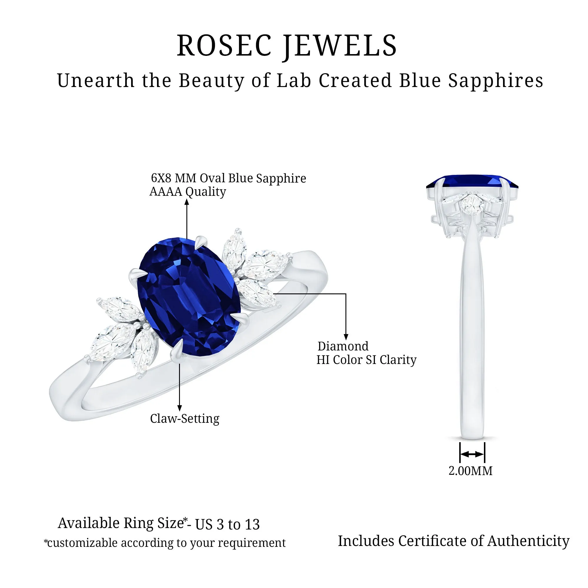 Oval Created Blue Sapphire Solitaire Ring with Diamond Trio