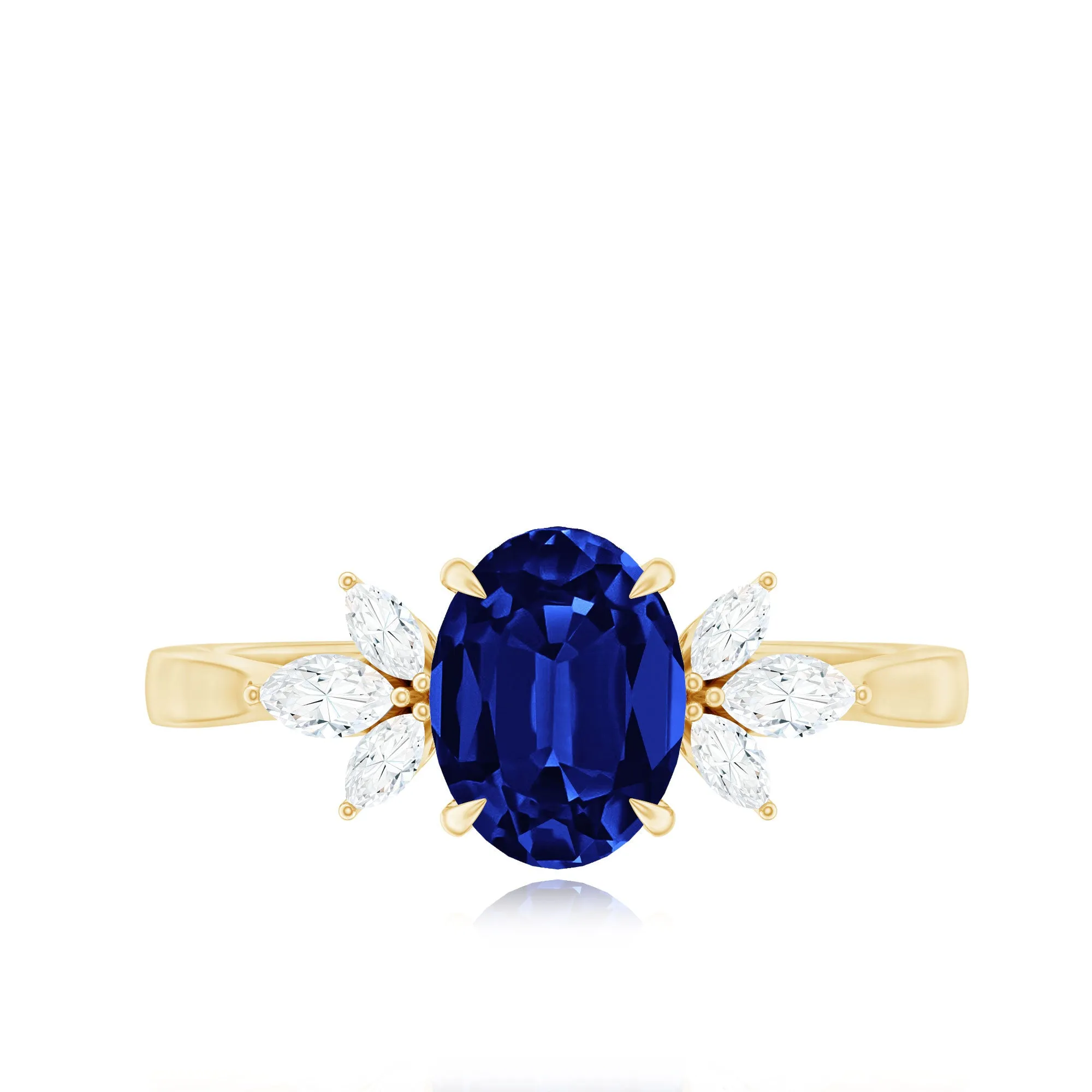 Oval Created Blue Sapphire Solitaire Ring with Diamond Trio