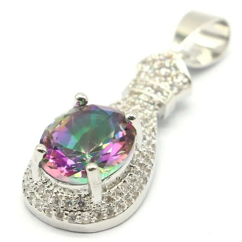 Oval Mystic Topaz Micro Pave Halo Pendant in Sterling Silver