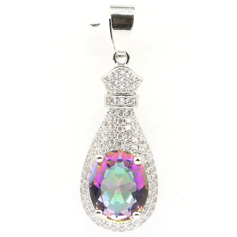 Oval Mystic Topaz Micro Pave Halo Pendant in Sterling Silver