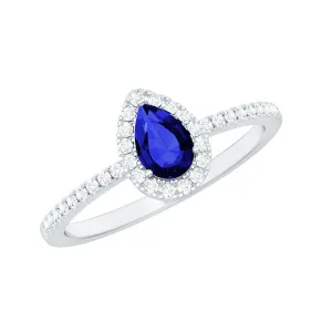 Pear Cut Created Blue Sapphire and Diamond Halo Ring