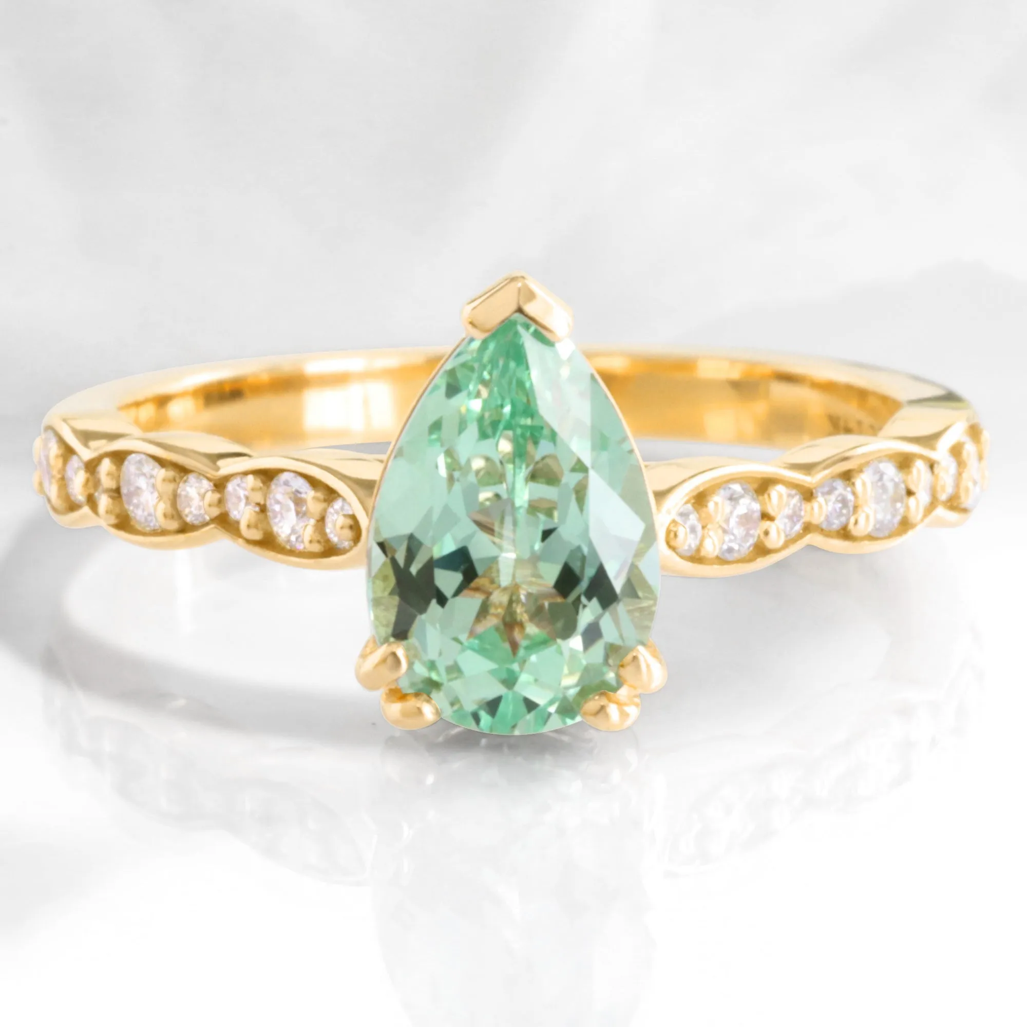 Pear Seafoam Green Sapphire Ring in Grace Solitaire Diamond Scalloped Band